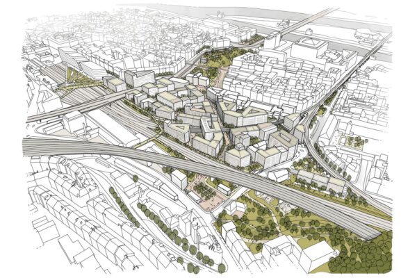 Florenc21: Etapa Západ, axonometrie-nadhled vítězné regulace nové čtvrti z urbanistické soutěže z roku 2021, autor: UNIT architekti, A69 – architekti a Marko&Placemakers, 2021