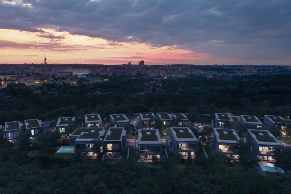 Vilový soubor v Praze, autoři Ivan Kroupa architekti, Plus One Architects (interiér), vizualizace Monolot