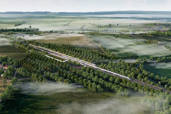 Vítězný návrh podobu vysokorychlostního terminálu Kořenice-Bečváry, autoři a vizualizace Boele architekti, zdroj Správa železnic